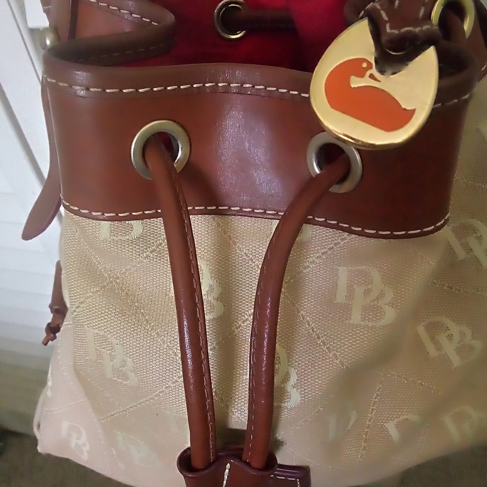 Dooney & Bourke Brown Leather Trim Drawstring Bucket Bag